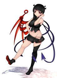 Rule 34 | 1girl, aoshima, asymmetrical wings, bare arms, bare shoulders, black footwear, black hair, black skirt, black thighhighs, black vest, breasts, groin, highres, houjuu nue, large breasts, looking at viewer, microskirt, midriff, navel, red eyes, shoes, simple background, single thighhigh, skirt, smile, solo, standing, standing on one leg, thighhighs, thighs, touhou, vest, white background, wings