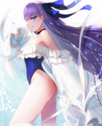 Rule 34 | 1girl, absurdres, bare shoulders, blue eyes, blue one-piece swimsuit, blue ribbon, blush, breasts, choker, closed mouth, commentary request, dolce (dolsuke), fate/grand order, fate (series), frills, hair between eyes, hair ribbon, highleg, highleg swimsuit, highres, licking lips, long hair, long sleeves, looking at viewer, meltryllis, meltryllis (fate), meltryllis (swimsuit lancer) (fate), meltryllis (swimsuit lancer) (second ascension) (fate), one-piece swimsuit, puffy sleeves, purple hair, revision, ribbon, sleeves past fingers, sleeves past wrists, small breasts, smile, solo, swimsuit, thighs, tongue, tongue out, very long hair