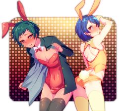 Rule 34 | 2boys, :p, animal ears, ass, bare shoulders, black legwear, blue hair, blush, bow, bowtie, bulge, rabbit ears, rabbit tail, crossdressing, detached collar, fake animal ears, green hair, jacket, looking back, male focus, male playboy bunny, minemura, multiple boys, open mouth, original, pink eyes, playboy bunny, red eyes, short hair, shorts, tail, thighhighs, tongue, tongue out, trap, undressing, wrist cuffs, yellow legwear