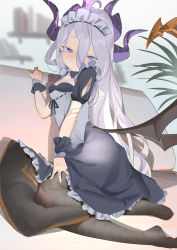Rule 34 | 1girl, absurdres, ahoge, alternate costume, apron, ass, black dress, black pantyhose, blue archive, blush, breasts, cleavage, commentary request, couch, cushion, dress, enmaided, frills, grey hair, highres, hina (blue archive), horns, long hair, looking at viewer, low wings, maid, maid day, maid headdress, multiple horns, nuda, pantyhose, purple eyes, short sleeves, sitting, small breasts, solo, sweat, white apron, wings, wrist cuffs