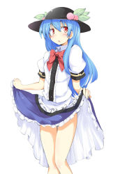 Rule 34 | 1girl, blue hair, blush, bow, chata maru (irori sabou), chestnut mouth, clothes lift, commentary request, cowboy shot, food, fruit, hat, highres, hinanawi tenshi, legs, long hair, open mouth, peach, puffy short sleeves, puffy sleeves, red eyes, shirt, short sleeves, simple background, skirt, skirt lift, solo, touhou, very long hair