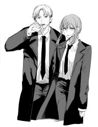 Rule 34 | 1boy, 1girl, alcohol, black jacket, black necktie, black pants, business suit, chainsaw man, drinking, ear piercing, earrings, formal, greyscale, highres, jacket, jewelry, kishibe (chainsaw man), light smile, long hair, long sleeves, looking at viewer, makima (chainsaw man), manly, monochrome, necktie, open mouth, pants, piercing, ringed eyes, shirt, shirt tucked in, short hair, smile, suit, white background, white shirt, yokoyari mengo