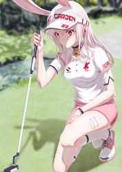 Rule 34 | 1girl, animal ears, arm rest, bae.c, bandaid, bandaid on hand, bracelet, breasts, clothes writing, collar, commentary, day, earpiece, golf, golf club, grass, hat, hat writing, highres, holding, holding golf club, jewelry, lirin (bae.c), long hair, nail polish, on one knee, original, outdoors, pink footwear, pink nails, pink shorts, rabbit ears, red eyes, river, shirt, shoes, short sleeves, shorts, sneakers, socks, solo, squatting, symbol-only commentary, visor cap, white hair, white hat, white shirt, white socks