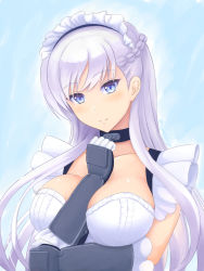 Rule 34 | 1girl, azur lane, belfast (azur lane), black choker, blue eyes, blush, braid, breasts, choker, closed mouth, commentary request, gloves, hands up, large breasts, long hair, looking at viewer, maid headdress, parted bangs, smile, solo, tono munekage, upper body, white hair