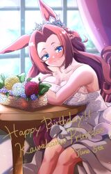 Rule 34 | 1girl, alternate costume, animal ears, bare shoulders, blue eyes, blush, bow, braid, breasts, brown hair, cleavage, closed mouth, commentary request, covered collarbone, crown braid, curtains, dahlia, day, dress, ear bow, ear ornament, flower, forehead, happy birthday, highres, horse ears, horse girl, horse tail, indoors, kawakami princess (umamusume), large breasts, long hair, looking at viewer, parted bangs, see-through, see-through cleavage, sidelocks, signature, sitting, sleeveless, sleeveless dress, smile, solo, table, tail, takotoma22, tiara, umamusume, wedding dress, white dress, window