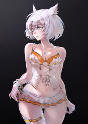 Rule 34 | 1girl, absurdres, animal ears, bikini, bikini skirt, black background, bracelet, breasts, chest jewel, cleavage, cowboy shot, frilled bikini, frills, highres, jewelry, looking away, mio (xenoblade), navel, official alternate costume, short hair, simple background, small breasts, smile, solo, swimsuit, ug333333, white bikini, white hair, xenoblade chronicles (series), xenoblade chronicles 3, yellow eyes