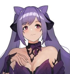 Rule 34 | 1girl, absurdres, bare shoulders, black ribbon, blush, bow, breasts, cleavage, commentary, cone hair bun, detached collar, detached sleeves, dress, genshin impact, hair bun, hair ribbon, highres, keqing (genshin impact), long hair, looking at viewer, maril zu, pink eyes, purple bow, purple hair, ribbon, simple background, small breasts, solo, strapless, strapless dress, twintails, upper body, white background