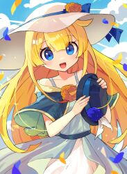 Rule 34 | 1girl, absurdres, alternate costume, black hat, blonde hair, blue eyes, blush, collarbone, hat, highres, holding, holding clothes, holding hat, long hair, looking at viewer, offbeat, open mouth, puyopuyo, smile, solo, sun hat, white hat, witch (puyopuyo)