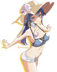 1girl bikini blue_bikini brown_hat cowboy_shot flower gotland_(kancolle) gotland_(swimsuit_mode)_(kancolle) hat hat_flower highres kantai_collection liking navel one-hour_drawing_challenge outstretched_arms short_shorts shorts simple_background solo standing sun_hat swimsuit twitter_username white_background white_shorts