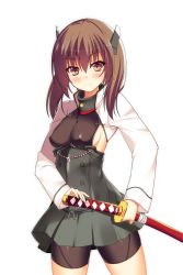 Rule 34 | &gt;:), 10s, 1girl, anchor, bandages, breasts, brown eyes, brown hair, buttons, covered erect nipples, cowboy shot, eyebrows, green skirt, hair between eyes, headgear, highres, holding, holding sword, holding weapon, inuikentarou, kantai collection, katana, long sleeves, looking at viewer, medium breasts, pleated skirt, red ribbon, ribbon, scabbard, sheath, sheathed, short hair, shorts, shorts under skirt, sideboob, simple background, skin tight, skirt, solo, standing, sword, taihou (kancolle), tsurime, turtleneck, underbust, unsheathing, v-shaped eyebrows, weapon, white background, white ribbon