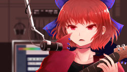 Rule 34 | 1girl, absurdres, arano oki, black shirt, blue bow, bow, cape, collarbone, commentary request, ear piercing, electric guitar, guitar, hair bow, high collar, highres, holding, holding instrument, indoors, instrument, nail polish, open mouth, piercing, portrait, red cape, red eyes, red hair, red nails, sekibanki, shirt, short hair, solo, touhou