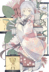 Rule 34 | 1girl, bad id, bad pixiv id, bird, cannon, cer (cerber), chibi, chicken, chinese new year, chinese text, dao fu, dress, egg, firecrackers, floral background, floral print, frilled dress, frilled sleeves, frills, full body, graf spee (warship girls r), grey hair, hair bun, holding, lantern, leaf, looking at viewer, machinery, ping hai (warship girls r), pleated dress, shoes, single hair bun, smile, standing, star (symbol), star print, warship girls r, white dress, white footwear, wide sleeves, yellow eyes