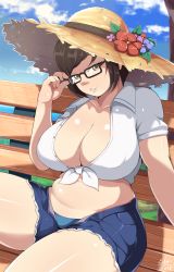 Rule 34 | 1girl, adjusting eyewear, alternate costume, arm at side, artist name, bare arms, belly, black-framed eyewear, breasts, brown eyes, brown hair, cleavage, collarbone, collared shirt, cutoffs, day, denim, denim shorts, exlic, flower, glasses, hand on eyewear, hand up, hat, hat flower, highres, large breasts, lips, looking at viewer, mei (overwatch), midriff, navel, open clothes, open fly, open shorts, outdoors, overwatch, overwatch 1, panties, parted lips, plump, seductive smile, shiny skin, shirt, short shorts, short sleeves, shorts, sitting, smile, solo, stomach, straw hat, swept bangs, tied shirt, unbuttoned, underwear, white shirt