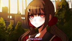 Rule 34 | 1girl, blush, brown hair, closed mouth, commentary, criis-chan, danganronpa (series), danganronpa v3: killing harmony, hair ornament, hair scrunchie, hairclip, harukawa maki, long hair, looking at viewer, low twintails, mole, mole under eye, outdoors, portrait, red eyes, red scrunchie, red shirt, sailor collar, school uniform, scrunchie, serafuku, shirt, solo, subtitled, symbol-only commentary, tree, twintails, watermark, web address