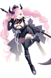 Rule 34 | 1girl, :d, absurdres, black dress, black footwear, black gloves, black horns, black thighhighs, braid, breasts, cleavage, crown, detached sleeves, dress, fingerless gloves, gloves, hair ornament, highres, holding, holding scythe, horns, large breasts, long hair, long sleeves, looking at viewer, master detective archives: rain code, multicolored hair, open mouth, pink eyes, pink hair, purple eyes, qiao xing, scythe, shinigami (rain code), smile, solo, thighhighs, twin braids, twintails, white background