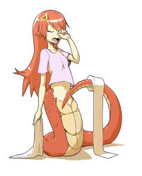 Rule 34 | 10s, 1girl, closed eyes, full body, hair ornament, hairclip, holding, holding with tail, lamia, long hair, materclaws, miia (monster musume), monster girl, monster musume no iru nichijou, no panties, open mouth, pointy ears, prehensile tail, red hair, scales, serpent, shadow, shirt, simple background, solo, t-shirt, tail, tail censor, toilet paper, very long hair, white background, yawning