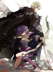 Rule 34 | 1boy, 1girl, arrow (projectile), bernadetta von varley, bike shorts, black gloves, blood, blush, bow (weapon), byleth (fire emblem), byleth (male) (fire emblem), closed mouth, couple, earrings, fire emblem, fire emblem: three houses, gloves, green hair, grey eyes, hair ornament, heart, heroes relic (fire emblem), highres, holding, holding bow (weapon), holding weapon, jewelry, nintendo, ohimapk, open mouth, purple hair, quiver, short hair, shorts, sword, sword of the creator, weapon