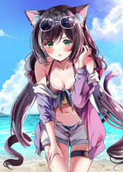 Rule 34 | 1girl, :o, absurdres, animal ear fluff, animal ears, bare shoulders, beach, bikini, black hair, blush, breasts, cat ears, cat tail, cleavage, commentary request, eyewear on head, fangs, green eyes, hand on thigh, hand up, highres, karyl (princess connect!), karyl (summer) (princess connect!), leaning forward, long hair, looking at viewer, low twintails, medium breasts, multicolored hair, navel, ocean, open mouth, princess connect!, sak (lemondisk), sand, short shorts, shorts, solo, standing, streaked hair, sunglasses, swimsuit, tail, thigh strap, tinted eyewear, twintails, very long hair, wet, white hair