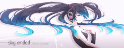 Rule 34 | 1girl, alternate costume, alternate hair color, arm up, asymmetrical clothes, black hair, blue hair, english text, expressionless, hatsune miku, headphones, highres, long image, mirusa, nail polish, open mouth, pale skin, pink eyes, pink nails, popped collar, single sleeve, solo, twintails, upper body, vocaloid, wide image