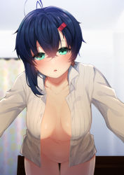 Rule 34 | 1girl, antenna hair, aqua eyes, asymmetrical hair, blue hair, blush, breasts, collared shirt, commentary request, hair between eyes, hair ornament, hairclip, highres, indoors, leaning forward, long sleeves, looking at viewer, medium breasts, naked shirt, nigo (aozoragarou), open clothes, open mouth, open shirt, original, shirt, solo, unbuttoned, white shirt