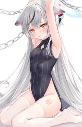 Rule 34 | 1girl, animal ears, armpits, arms up, bare arms, bare shoulders, black dress, blue archive, breasts, chain, cleavage cutout, clothing cutout, covered navel, crying, crying with eyes open, dress, floppy ears, frown, grey hair, highres, kokona (blue archive), long hair, looking at viewer, multicolored hair, no panties, no shoes, open mouth, pelvic curtain, rangtori, red eyes, sitting, sleeveless, sleeveless dress, small breasts, solo, streaked hair, striped clothes, striped dress, sweat, tears, thighhighs, thighs, very long hair, wariza, white thighhighs