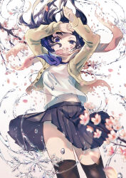 Rule 34 | 1girl, :o, arms up, baracan, black hair, black skirt, black thighhighs, blue eyes, blue neckerchief, blurry, blurry foreground, branch, breasts, brown scarf, buttons, cherry blossoms, floating hair, gradient background, half-closed eye, highres, long hair, long sleeves, looking at viewer, midriff peek, neckerchief, original, parted lips, pleated skirt, scarf, school uniform, shirt, skirt, small breasts, snowflakes, solo, splashing, standing, sweater vest, thighhighs, thighs, water, white background, white shirt, yellow sweater vest