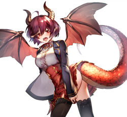 Rule 34 | 1girl, absurdres, ahoge, ass, black thighhighs, blouse, blush, breasts, commentary request, cowboy shot, dragon horns, dragon tail, dragon wings, frills, from side, granblue fantasy, grea (shingeki no bahamut), highres, horns, looking at viewer, neck ribbon, no panties, open mouth, plaid, plaid skirt, pleated skirt, pointy ears, purple hair, red eyes, red skirt, ribbon, shingeki no bahamut, shirt, short hair, skirt, skirt tug, standing, tail, thighhighs, twisted torso, white background, white shirt, wings, yurika0207, zettai ryouiki