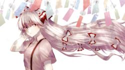 Rule 34 | 1girl, :|, bow, closed mouth, collared shirt, crying, fujiwara no mokou, hair bow, hand on own head, highres, long hair, red eyes, shirt, short sleeves, solo, somei ooo, suspenders, teardrop, touhou, upper body, very long hair, white bow, white hair, white shirt, wind chime