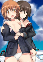 Rule 34 | 10s, bad id, bad pixiv id, black jacket, blue jacket, blush, breasts, brown eyes, brown hair, car, closed mouth, clothes pull, cloud, cloudy sky, cowboy shot, crotch seam, day, embarrassed, girls und panzer, gluteal fold, holding hands, incest, jacket, light smile, long sleeves, looking at viewer, medium breasts, military, military uniform, motor vehicle, nipples, nishizumi maho, nishizumi miho, no bra, no pants, no shirt, off shoulder, open mouth, outdoors, panties, shino (ten-m), shirt pull, short hair, siblings, sisters, sky, small breasts, standing, underwear, uniform, white panties