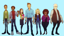 Rule 34 | 3girls, 4boys, abed nadir, age difference, animification, annie edison, bad link, bald, black eyes, blonde hair, blue eyes, britta perry, brown hair, cellphone, commentary, community (series), dark skin, fat, glasses, grin, highres, jacket, jeff winger, long hair, looking at viewer, looking to the side, multiple boys, multiple girls, notebook, old, phone, pierce hawthorne, serious, shirley bennett, shoes, smile, sneakers, troy barnes, turtleneck, vest, white hair