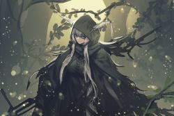 Rule 34 | 1girl, antlers, arknights, breasts, cloak, closed mouth, commentary request, fixro2n, forest, grey hair, highres, holding, holding weapon, hood, hood up, hooded cloak, horns, large breasts, light particles, long hair, long sleeves, looking at viewer, nature, outdoors, plant, red eyes, shining (arknights), solo, sword, torn cloak, torn clothes, tree, weapon