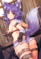 Rule 34 | 1girl, animal ear fluff, animal ears, areola slip, arm strap, artist name, ass, blush, breasts, clenched teeth, detached sleeves, embarrassed, fur-trimmed shorts, fur trim, highres, large breasts, looking at viewer, looking back, maett, makoto (princess connect!), princess connect!, purple hair, purple shorts, short hair, short shorts, shorts, solo, tail, teeth, thigh strap, torn clothes, wolf ears, wolf tail, yellow eyes