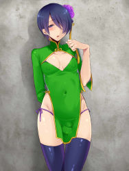 Rule 34 | 1boy, bad id, bad pixiv id, blue hair, bulge, china dress, chinese clothes, cleavage cutout, clothing cutout, covered erect nipples, covered navel, crossdressing, dress, flaccid, flower, hair flower, hair ornament, hair over one eye, male focus, mogiki hayami, navel, original, panties, penis, puffy chest, purple hair, see-through, short hair, side-tie panties, solo, thigh gap, thighhighs, trap, underwear