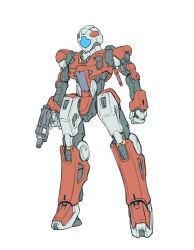 Rule 34 | absurdres, assault visor, clenched hand, full body, gm (mobile suit), gun, gundam, highres, holding, holding gun, holding weapon, ishiyumi, mecha, mobile suit, mobile suit gundam, no humans, original, redesign, robot, solo, weapon, white background