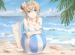 Rule 34 | 1girl, absurdres, bare shoulders, beach, blonde hair, blue eyes, blue hairband, blush, breasts, cleavage, closed mouth, cloud, collarbone, commentary request, day, girls&#039; frontline, ha ru no 0620, hair between eyes, hair ornament, hairband, highres, long hair, looking at viewer, medium breasts, official alternate costume, outdoors, sidelocks, smile, snowflake hair ornament, solo, starfish, suomi (girls&#039; frontline), suomi (midsummer pixie) (girls&#039; frontline), swimsuit, water