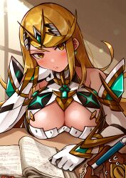 Rule 34 | 1girl, :/, absurdres, bare shoulders, black gloves, blonde hair, book, breasts, chest jewel, cleavage, cleavage cutout, clothing cutout, commentary request, core crystal (xenoblade), dress, drop earrings, earrings, elbow gloves, elbow rest, gloves, head rest, highres, holding, holding pen, indoors, jewelry, large breasts, long hair, looking at viewer, mythra (xenoblade), nervous sweating, open book, pen, pov, rex (xenoblade), sleeveless, sleeveless dress, solo focus, star (symbol), star earrings, sweat, swept bangs, tiara, two-tone gloves, white dress, white gloves, xenoblade chronicles (series), xenoblade chronicles 2, yellow eyes, yotsuha uni