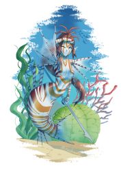 Rule 34 | 1girl, blue eyes, blue sclera, blue skin, breasts, brown hair, colored sclera, colored skin, commentary, commission, coral, cyzir visheen, english commentary, fins, hand up, harpoon, head fins, holding, holding weapon, long hair, mermaid, monster girl, multicolored skin, navel, nude, one eye closed, orange skin, original, seaweed, small breasts, smile, solo, twitter username, underwater, very long hair, weapon