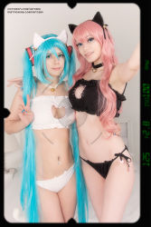 Rule 34 | 2girls, :3, absurdres, alternate costume, animal ears, aqua hair, aqua nails, arm around shoulder, armpits, bell, black panties, breasts, cat cutout, cat ear panties, cat ears, cat lingerie, cat tail, choker, cleavage cutout, closed mouth, clothing cutout, collarbone, cosplay, cowboy shot, eyebrows, eyelashes, fake animal ears, frills, gluteal fold, hair between eyes, hatsune miku, hatsune miku (cosplay), highres, jingle bell, large breasts, legs apart, long hair, looking at viewer, megurine luka, megurine luka (cosplay), meme attire, multiple girls, nail polish, navel, neck bell, open mouth, panties, paw print, photo (medium), piercing, pink hair, pink lips, reaching, reaching towards viewer, self-upload, selfie, side-tie panties, smile, stomach, tail, twintails, underwear, underwear only, v, very long hair, vocaloid, white panties
