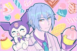 Rule 34 | 1boy, 1girl, blue hair, cake, cake slice, candy, character request, cupcake, closed eyes, food, furry, heart, highres, ice cream, kuromi, onegai my melody, pink background, sanrio, tagme, waffle