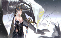 Rule 34 | bare shoulders, breasts, cleavage, coat, creature, elbow gloves, fur coat, gloves, hat, karasu-san (syh3iua83), large breasts, long hair, original, outdoors, scythe, sidelocks, snow, snowing, solo, tree, wand, white hair, wolf, yellow eyes