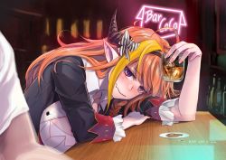 Rule 34 | 1girl, ahoge, alcohol, arm rest, artist name, bar (place), black hairband, black jacket, blonde hair, blush, bottle, bow, braid, breasts, character name, cleavage cutout, clothing cutout, collared shirt, commentary, counter, cup, dated, diagonal-striped bow, dragon girl, dragon horns, drinking glass, drunk, english commentary, fang, hairband, hand up, head on arm, head rest, highres, holding, holding cup, hololive, horn bow, horn ornament, horns, indoors, jacket, kiryu coco, kiryu coco (1st costume), kivo, large breasts, long hair, looking at viewer, messy hair, multicolored hair, nail polish, neon lights, orange hair, pink nails, pointy ears, purple eyes, shirt, short sleeves, side braid, sidelocks, single braid, skin fang, smile, solo focus, streaked hair, striped, striped bow, upper body, virtual youtuber, white shirt