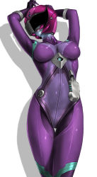 Rule 34 | 10s, 1girl, arms up, blue skin, bodysuit, breasts, colored skin, covered erect nipples, from below, gamilas, helmet, highres, large breasts, lips, melda deitz, pilot, pilot suit, purple bodysuit, science fiction, shadow, shiny clothes, simple background, skin tight, solo, spacesuit, thigh gap, toten (der fuhrer), uchuu senkan yamato, uchuu senkan yamato 2199, uniform, zipper
