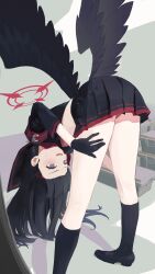Rule 34 | 1girl, absurdres, armband, bent over, black footwear, black gloves, black hair, black sailor collar, black serafuku, black skirt, black socks, black wings, blue archive, bra, bra peek, cthlo, feathered wings, forehead, from behind, gloves, grey eyes, hair ornament, hairclip, halo, highres, ichika (blue archive), leaning forward, legs, light blush, loafers, long sleeves, nervous sweating, open mouth, panties, panty peek, pink bra, pleated skirt, red armband, red panties, sailor collar, school uniform, serafuku, shoes, skirt, smile, socks, solo, sweat, thighs, underwear, upside-down, wings