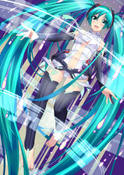 Rule 34 | 1girl, absurdres, aqua eyes, aqua hair, barefoot, breasts, bridal gauntlets, center opening, elbow gloves, fingerless gloves, gloves, hatsune miku, hatsune miku (append), highres, holographic interface, long hair, nail polish, navel, necktie, open mouth, pon (pompokopon), smile, solo, thighhighs, toenail polish, toenails, twintails, very long hair, vocaloid, vocaloid append