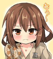 Rule 34 | 1girl, :t, blush, brown eyes, brown hair, commentary request, floral print, hair ornament, hairclip, ikazuchi (kancolle), japanese clothes, kantai collection, kimono, looking at viewer, lowres, oshiruko (uminekotei), short hair, solo, tears, translated, yukata