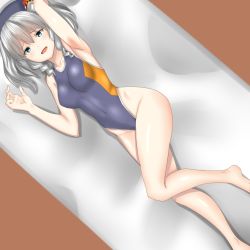 Rule 34 | 1girl, 30-06, bad id, bad pixiv id, barefoot, beret, blue one-piece swimsuit, breasts, competition swimsuit, full body, green eyes, grey one-piece swimsuit, hat, kantai collection, kashima (kancolle), looking at viewer, lying, medium breasts, on side, one-piece swimsuit, open mouth, silver hair, solo, swimsuit, twintails, wavy hair