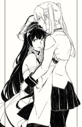 Rule 34 | 2girls, bare shoulders, clothes grab, collared shirt, commentary, cowboy shot, detached sleeves, gesture, gloves, graf zeppelin (kancolle), greyscale, hair between eyes, hair over shoulder, hair ribbon, half-closed eyes, hand on another&#039;s head, hand on another&#039;s hip, hat, hug, japanese clothes, kantai collection, long hair, long sleeves, looking at viewer, military, military hat, mizuho (kancolle), monochrome, multiple girls, pantyhose, parted lips, peaked cap, pleated skirt, ribbon, shirt, simple background, skirt, straight hair, tress ribbon, twintails, weidashming, white background