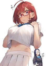 Rule 34 | 2girls, 92m, absurdres, black jacket, blazer, blue bow, blue bowtie, blue hair, blush, bow, bowtie, breasts, clenched teeth, commentary, crop top, crop top overhang, dateko (92m), flying sweatdrops, glasses, hands on own chest, highres, jacket, kinshi no ane (92m), large breasts, midriff, multiple girls, navel, original, parted lips, pleated skirt, purple eyes, red-framed eyewear, red hair, shirt, short hair, short sleeves, simple background, skirt, solo focus, sweatdrop, teeth, translated, v-shaped eyebrows, white background, white shirt, white skirt