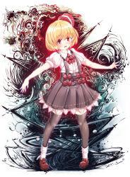 Rule 34 | 1girl, adapted costume, black skirt, black thighhighs, blonde hair, blush, collared shirt, dated, fingernails, full body, furim, hair between eyes, hair ribbon, highres, long fingernails, nail polish, open mouth, puffy short sleeves, puffy sleeves, red eyes, red footwear, red nails, red ribbon, ribbon, rumia, sharp fingernails, shirt, shoes, short hair, short sleeves, signature, skirt, solo, suspender skirt, suspenders, thighhighs, touhou, white shirt