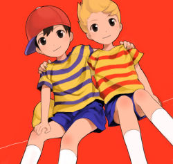 Rule 34 | 2boys, backpack, bag, baseball cap, black hair, blonde hair, brown eyes, child, closed eyes, crossover, fanny pack, hat, lucas (mother 3), male focus, mauveboy, mother (game), mother 2, mother 3, multiple boys, ness (mother 2), nintendo, randoseru, red background, shirt, shorts, simple background, sitting, smile, socks, striped clothes, striped shirt